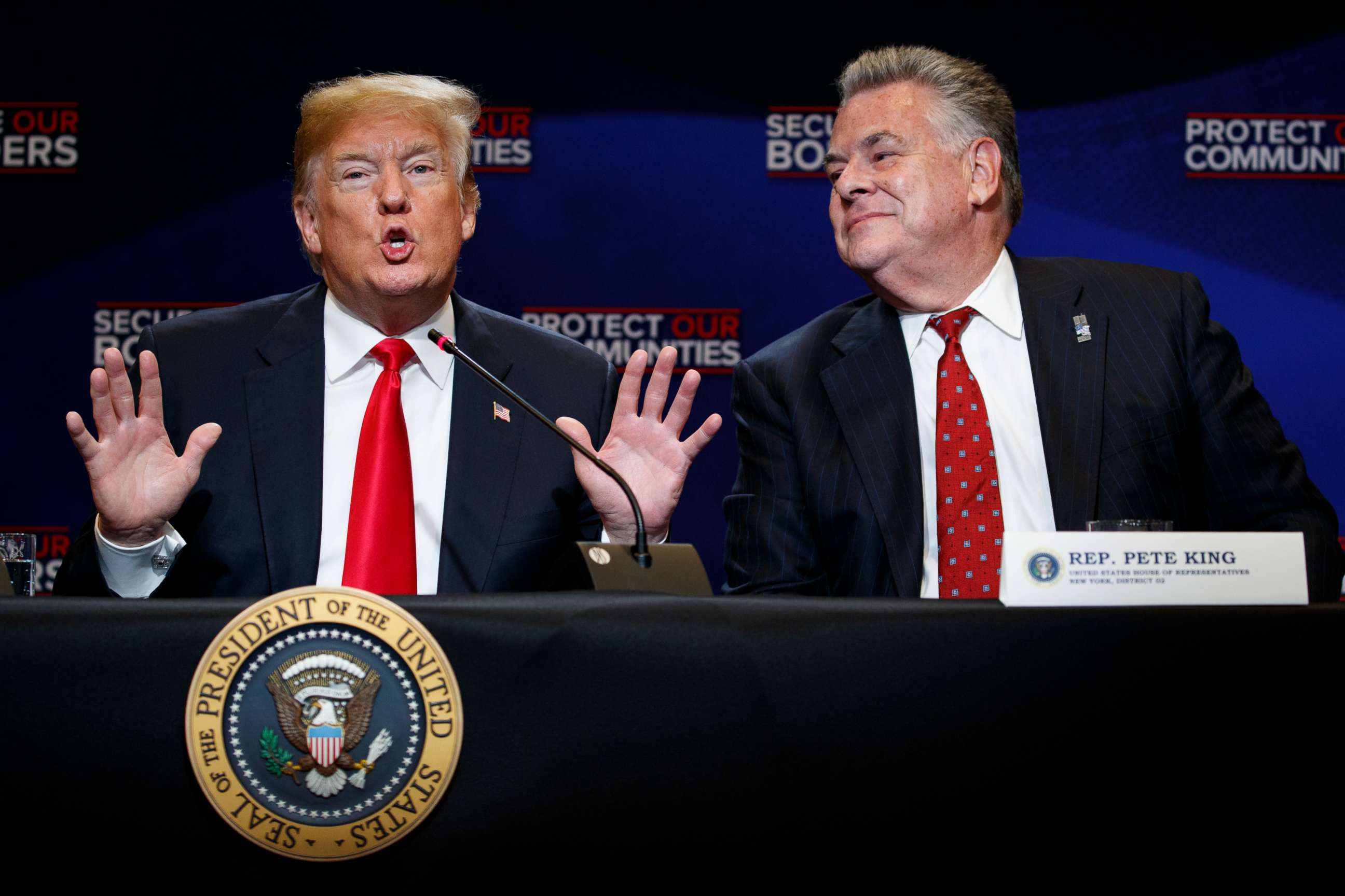 PHOTO: In this May 23, 2018, file photo, Rep. Peter King, R-N.Y., right, listens as President Donald Trump speaks during a roundtable on immigration policy at Morrelly Homeland Security Center in Bethpage, N.Y. (AP Photo/Evan Vucci, File)