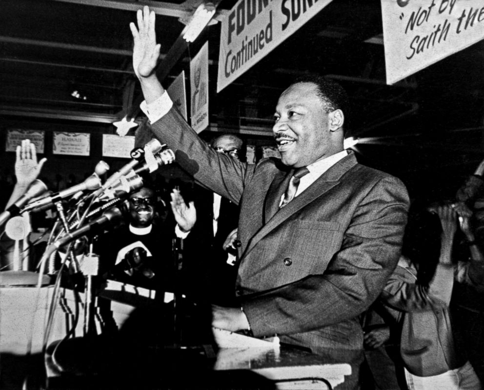 PHOTO: Dr. Martin Luther King Jr. speaks on behalf of striking sanitation workers at Mason Temple in Memphis, Tenn., March 18, 1968.