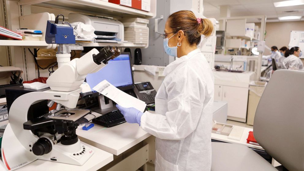 PHOTO: Adriana Cardenas, a medical technologist processes test samples for the coronavirus at the AdventHealth Tampa labs on June 25, 2020 in Tampa, Florida. 