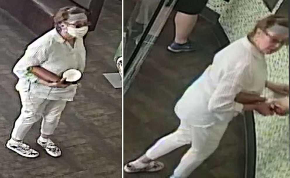 PHOTO: Police are looking for a white female in her 60s, medium build, wearing a gray bandana, glasses and a long sleeve shirt with gray vertical lines after she coughed on a 1-year-old baby at a Yogurtland in San Jose, California on June 12, 2020.