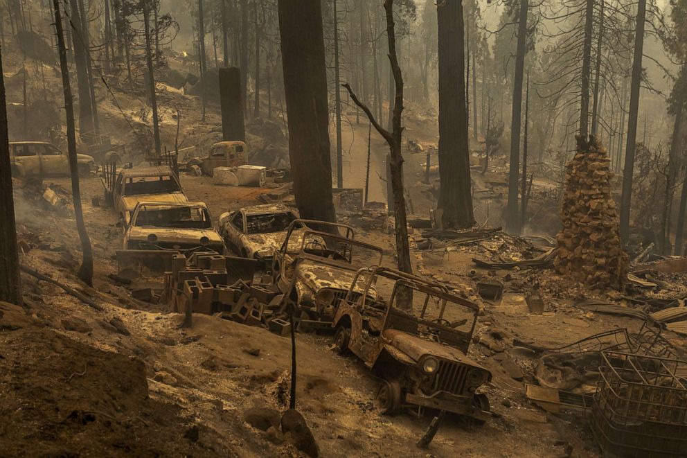 PHOTO: A community of forest homes lies in ruins along Auberry Road in the Meadow Lakes area after the Creek Fire swept through, Sept. 8, 2020, near Shaver Lake, Calif.