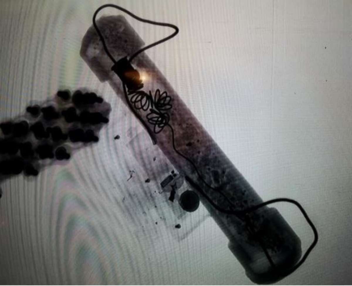 PHOTO: An x-ray of the explosive device that was intersected en route to former President Obama's residence in Washington, on Oct. 24, 2018,