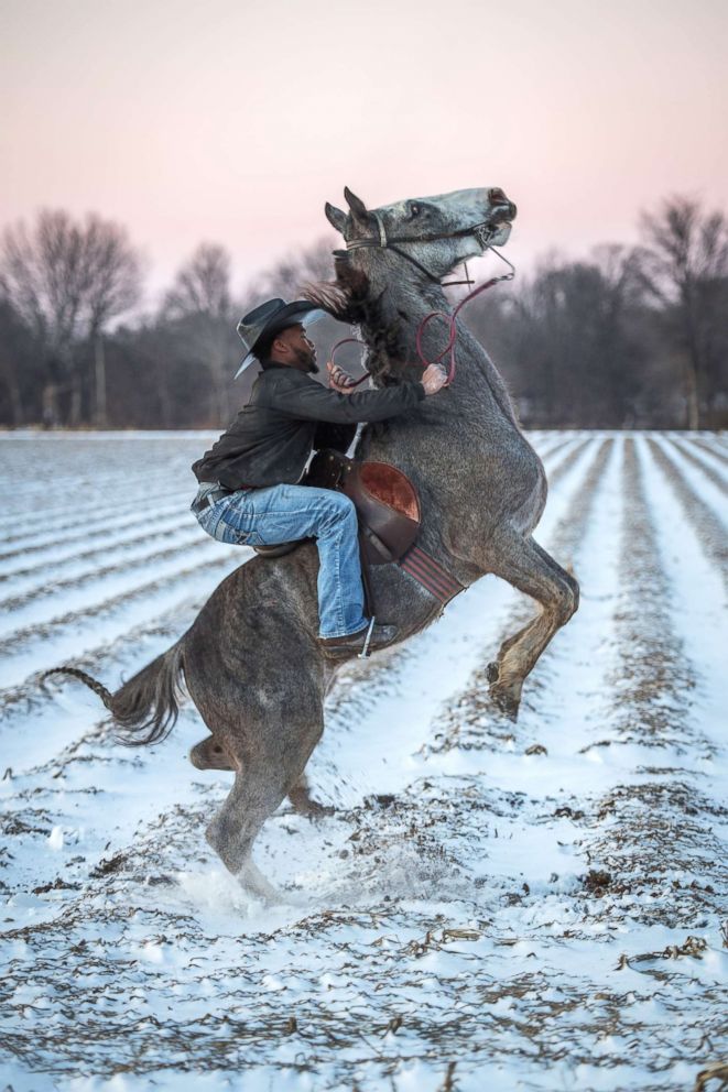 PHOTO: Gee rears his horse after a rare snowfall in Bolivar County, Miss.