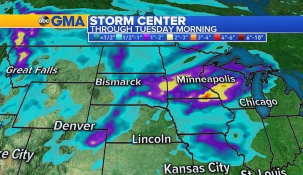PHOTO: Heavy rainfall across parts of South Dakota, Minnesota & Wisconsin could result in 2 to 3 inches or more in rain totals.