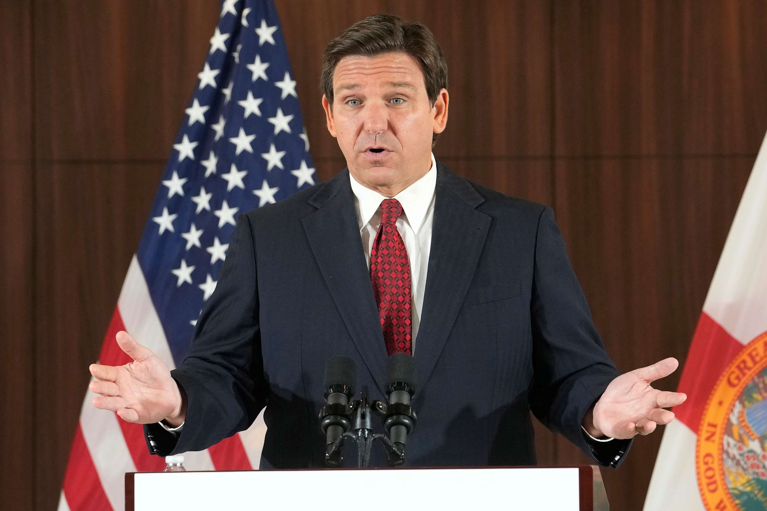 PHOTO: Governor Ron DeSantis gestures during a news conference where he spoke of new law enforcement legislation that will be introduced during the upcoming session, Jan. 26, 2023, in Miami.