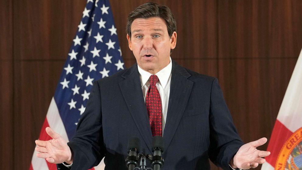 PHOTO: Governor Ron DeSantis gestures during a news conference where he spoke of new law enforcement legislation that will be introduced during the upcoming session, Jan. 26, 2023, in Miami.