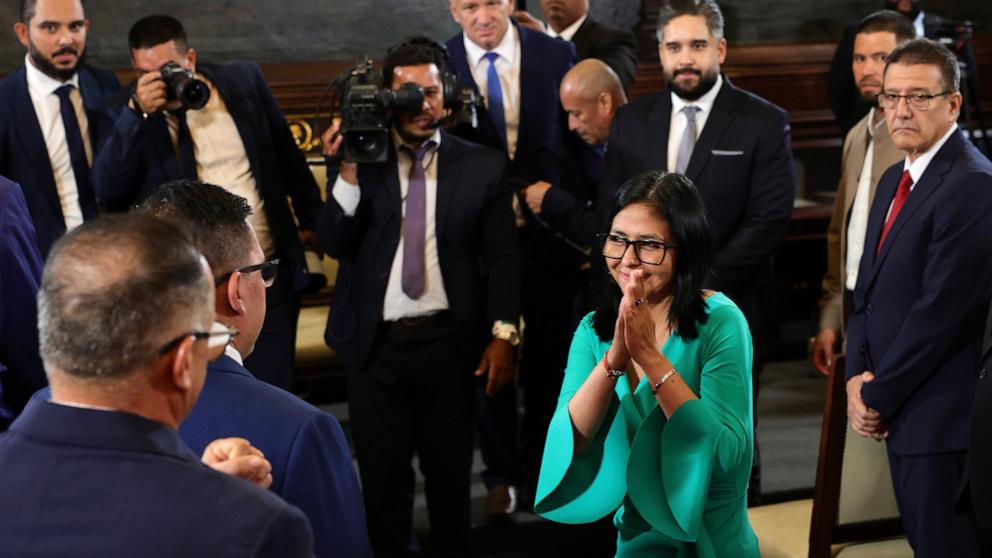PHOTO: Vice President of Venezuela Delcy Rodriguez reacts after being sworn in as Acting President of Venezuela during the inaugural session for the 2026-2031 Legislative Constitutional Period at Palacio Federal Legislativo, January 05, 2026 in Caracas.
