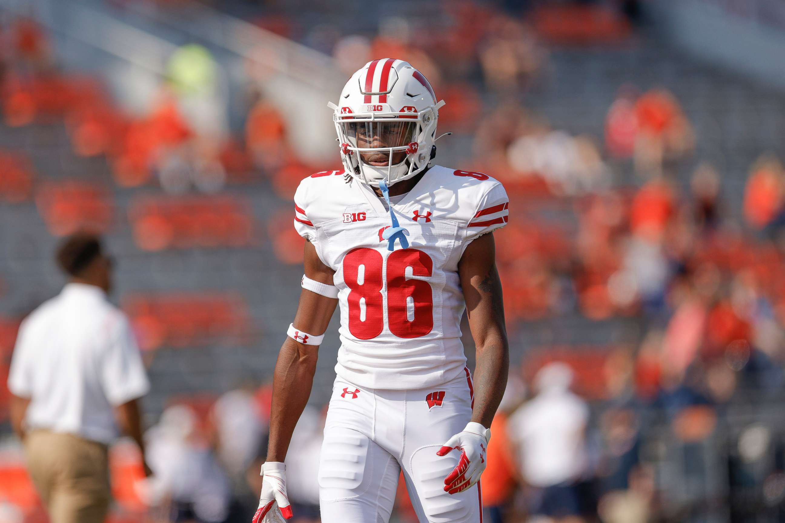 PHOTO: Devin Chandler #86 of the Wisconsin Badgers is seen before the game against the Illinois Fighting Illini at Memorial Stadium, Oct. 9, 2021 in Champaign, Illinois.