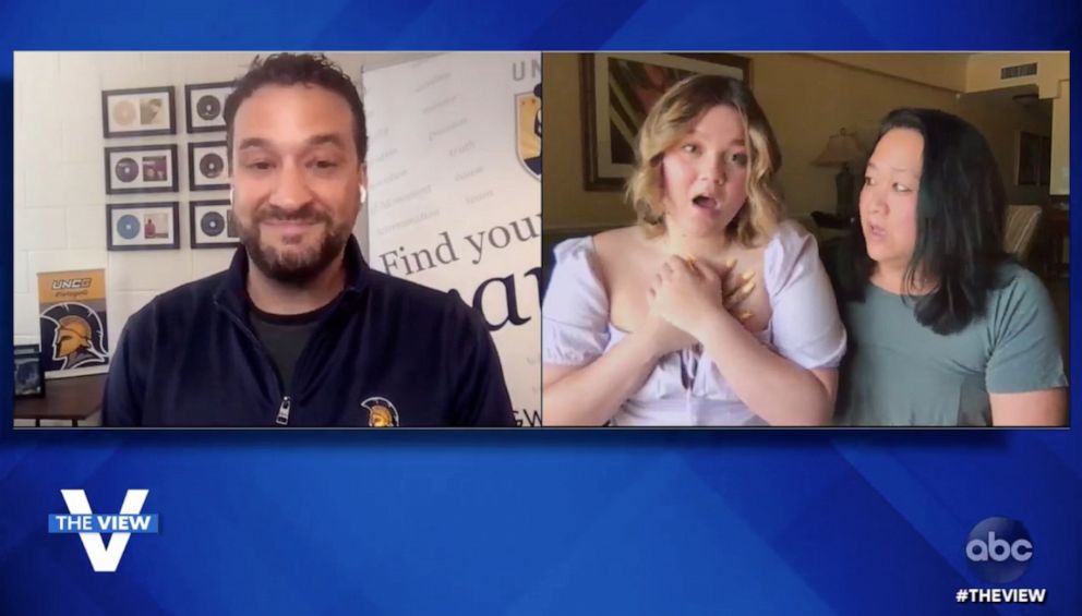 PHOTO: University of North Carolina Greenboro Professor Dominick Amendum surprises brain cancer survivor Molly Oldham and her mother Bunny Oldham on "The View" Wednesday, May 26, 2021.