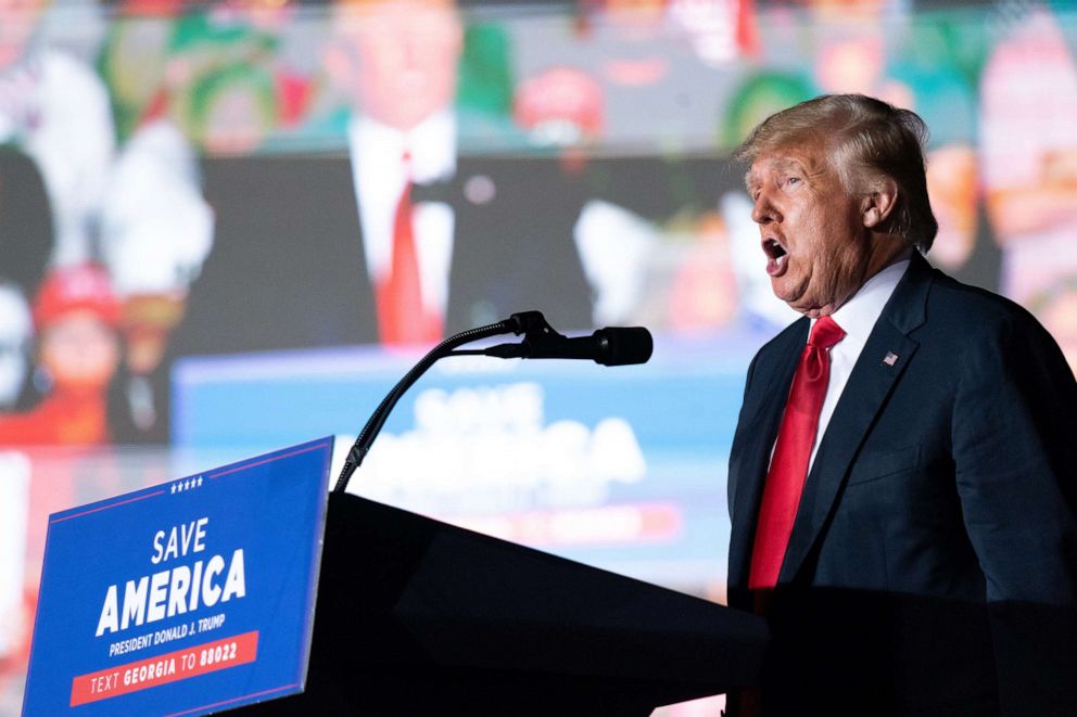 PHOTO: PERRY, GA - SEPTEMBER 25: Former US President Donald Trump speaks at a rally on September 25, 2021 in Perry, Georgia. 