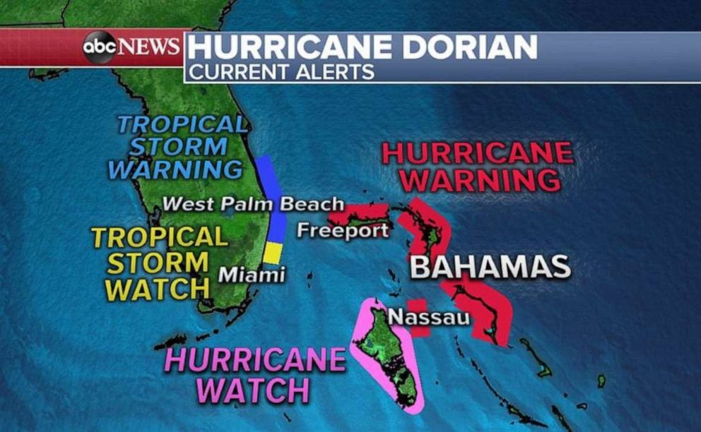 PHOTO: A number of alerts are in effect near the point where Hurricane Dorian could touch land.