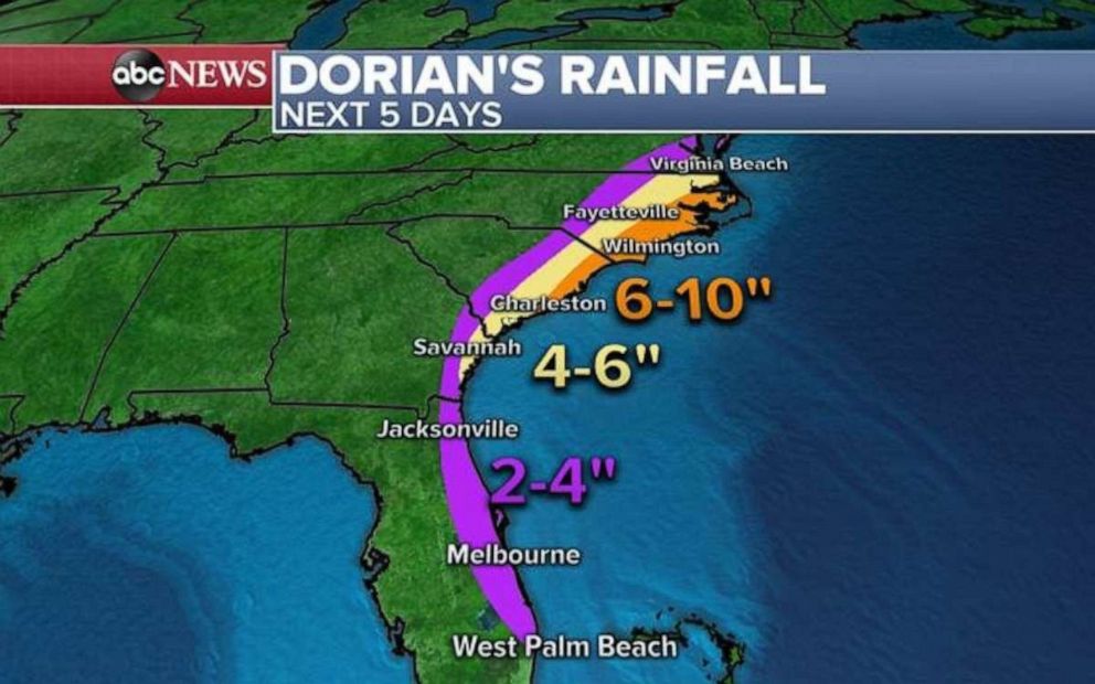 PHOTO: Regardless of where Hurricane Dorian landed, heavy rains are expected all over the southeast coast. 