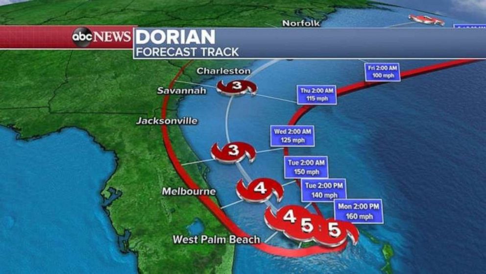 PHOTO: The forecast track for Hurricane Dorian, Sept. 2, 2019.