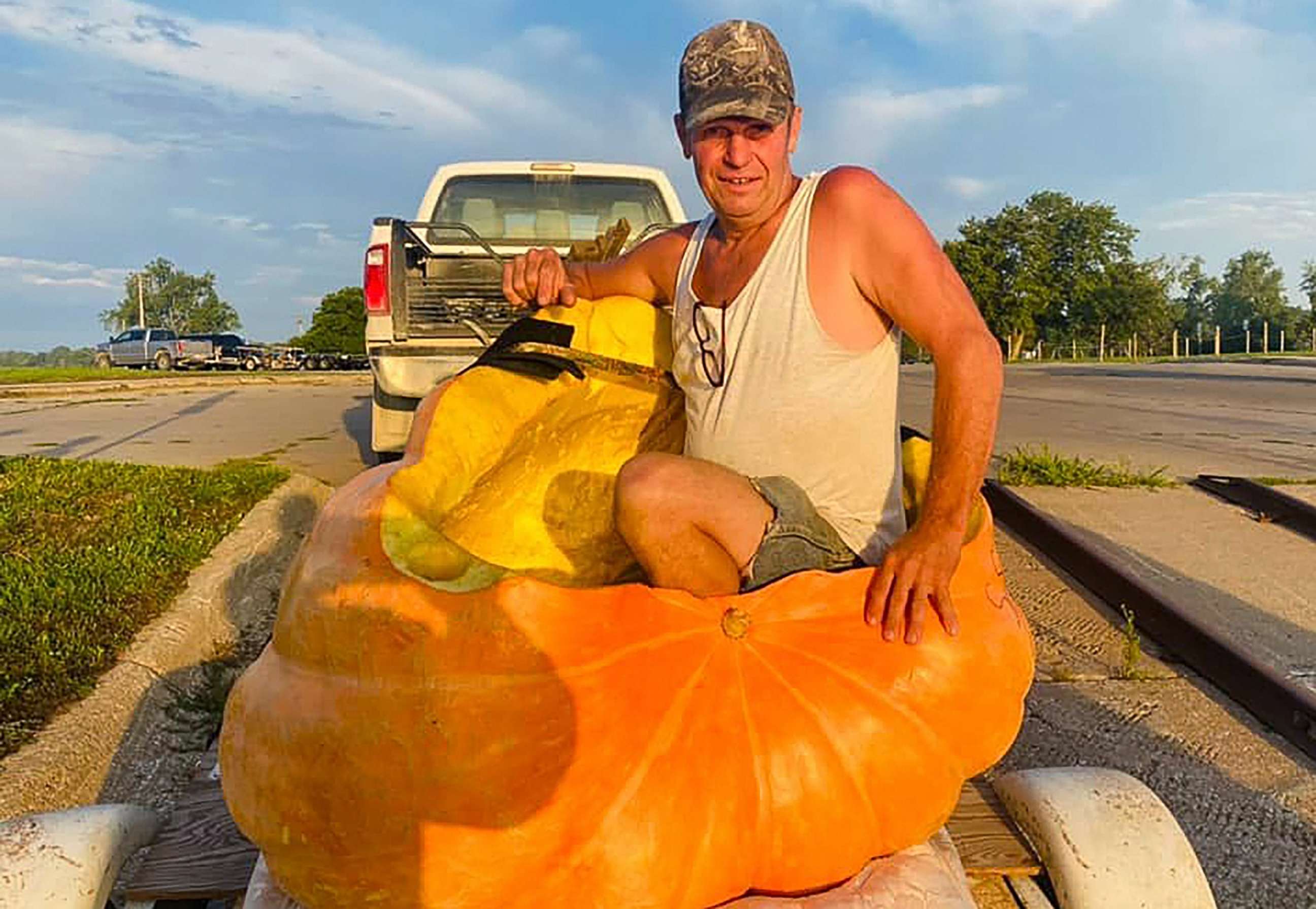 PHOTO: Duane Hansen sits in an 846-pound pumpkin boat that he sailed down the Missouri River from Bellevue to Nebraska City, Neb.