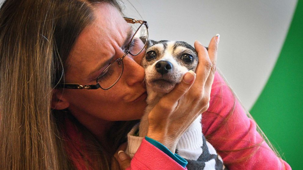 PHOTO: Katheryn Strang is reunited with her toy fox terrier "Dutchess" at Humane Animal Rescue on Friday, Oct. 11, 2019 in Pittsburgh.  