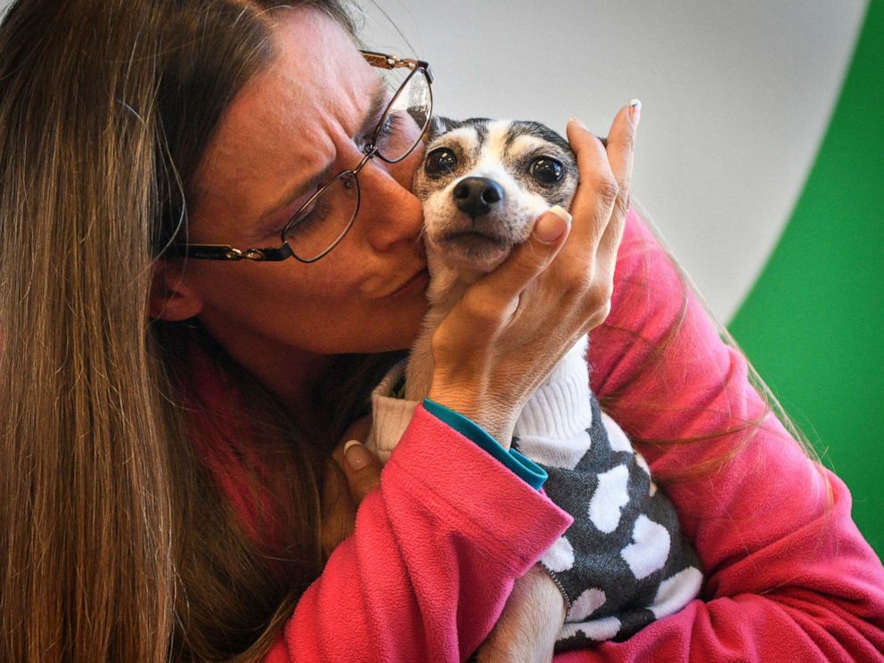 PHOTO: Katheryn Strang is reunited with her toy fox terrier "Dutchess" at Humane Animal Rescue on Friday, Oct. 11, 2019 in Pittsburgh.  