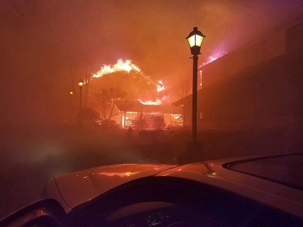 PHOTO: A school building burns as wildfires move through Gatlinburg, Tennessee, Nov. 28, 2016.