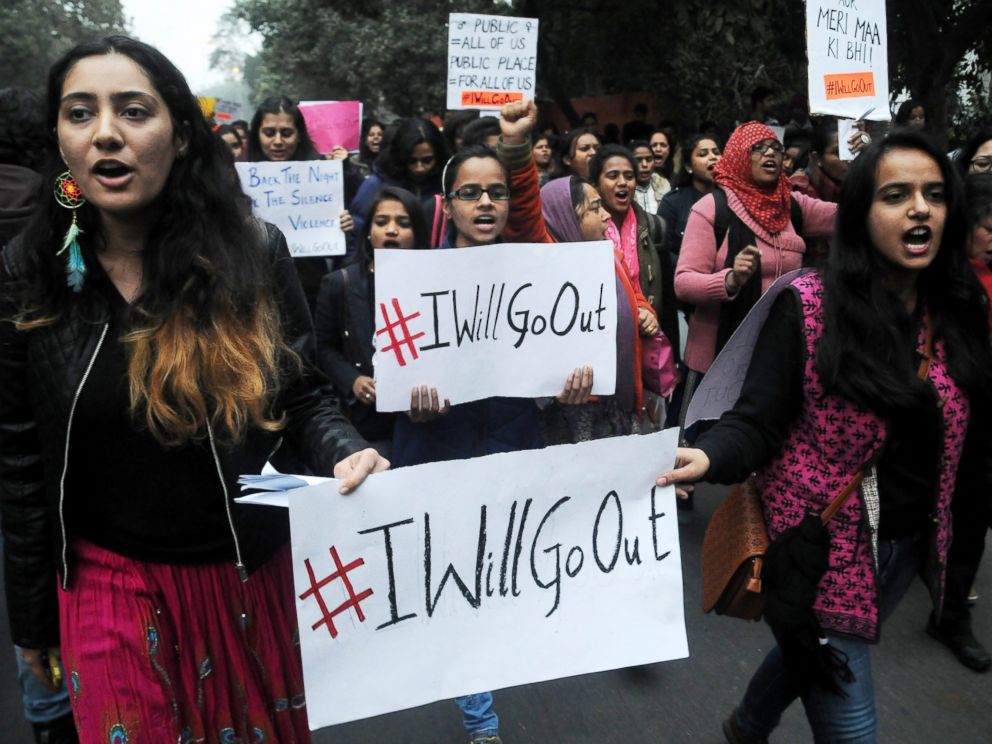 PHOTO: Demonstrators hold placards during the Womens March rally in New Delhi, India, Jan. 21, 2017.