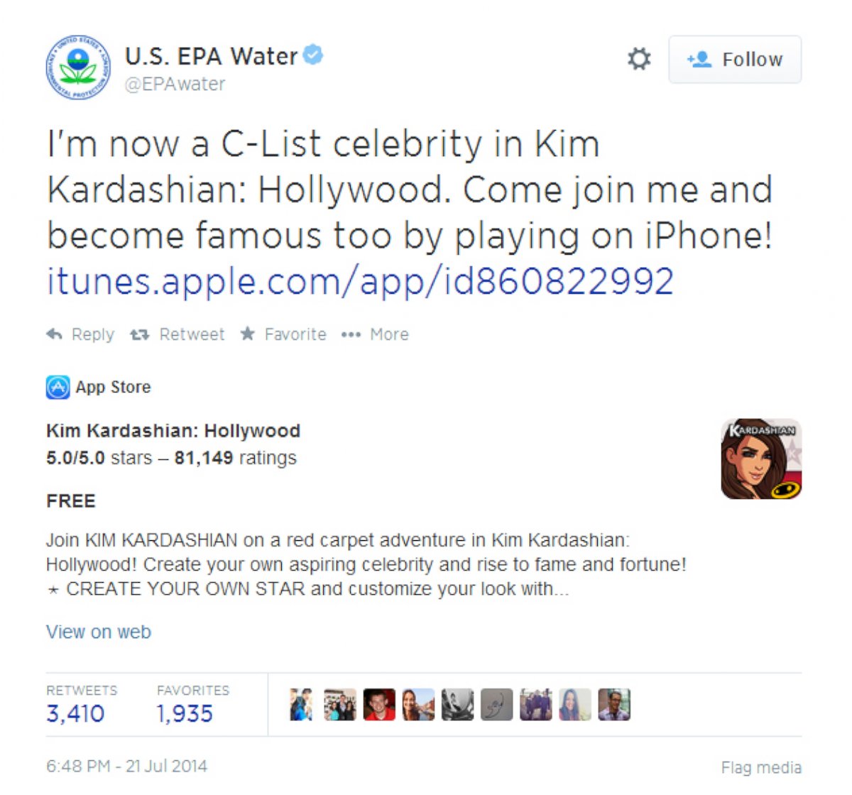 PHOTO: A tweet sent by the U.S. Environmental Protection Agency's Office of Water, July 21, 2014.