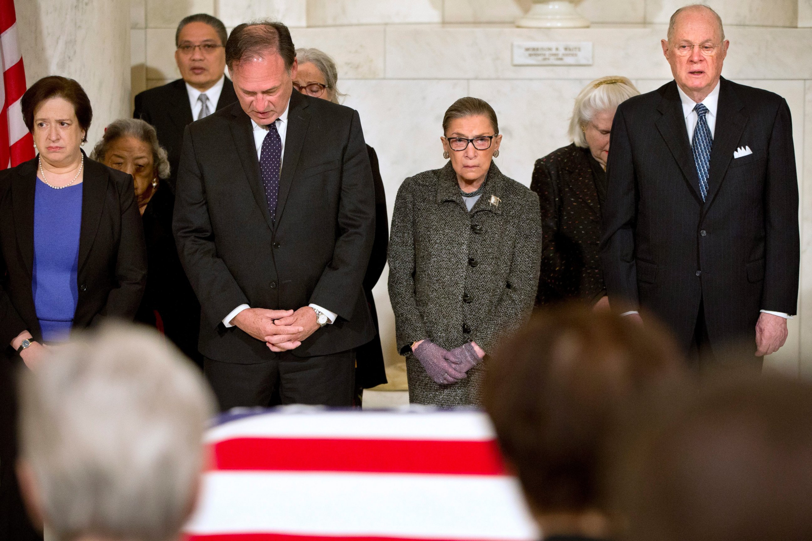 PHOTO: Supreme Court Justices Elena Kagan, Samuel Anthony Alito, Jr., Ruth Bader Ginsburg, and Anthony M. Kennedy are seen in the Great Hall of the Supreme Court where late Supreme Court Justice Antonin Scalia lies in repose in Washington, Feb. 16, 2016.