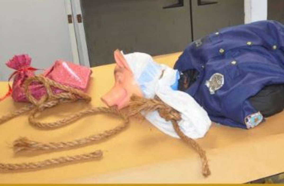 PHOTO: A mock lynching of a mannequin wearing a police officer’s uniform and a pig mask has been found hanging over an overpass on I-95 near Jacksonville, Florida on June 20, 2020.  