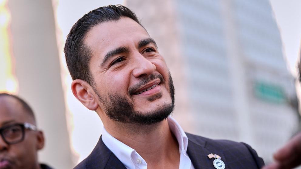 PHOTO: Abdul El-Sayed arrives for a news conference at the Spirit of Detroit shortly after winning the Democratic nomination for U.S. Senate in Michigan, Aug. 5, 2026, in Detroit. 
