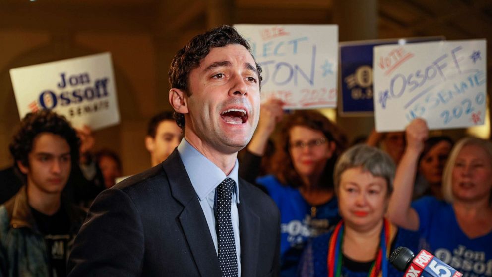 FILE - In this Wednesday, March 4, 2020, file photo, Jon Ossoff speaks to the the media and supporters after he qualified to run in the Senate race against Republican Sen. David Perdue in Atlanta. Ossoff, a young Georgia media executive known for breaking fundraising records during a 2017 special election loss for a U.S. House seat, beat back a field of Democratic primary opponents to win a spot taking on Republican Sen. David Perdue in November, according to votes tallied as of late Wednesday, June 10, 2020.