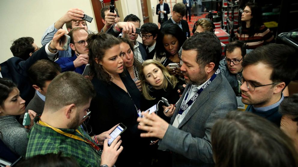 PHOTO: Ari Rabin-Havt, deputy campaign manager for Democratic presidential candidate Sen. Bernie Sanders, I-Vt., speaks to the media about the delay in releasing caucus results late Monday, Feb. 3, 2020, in Des Moines, Iowa. 
