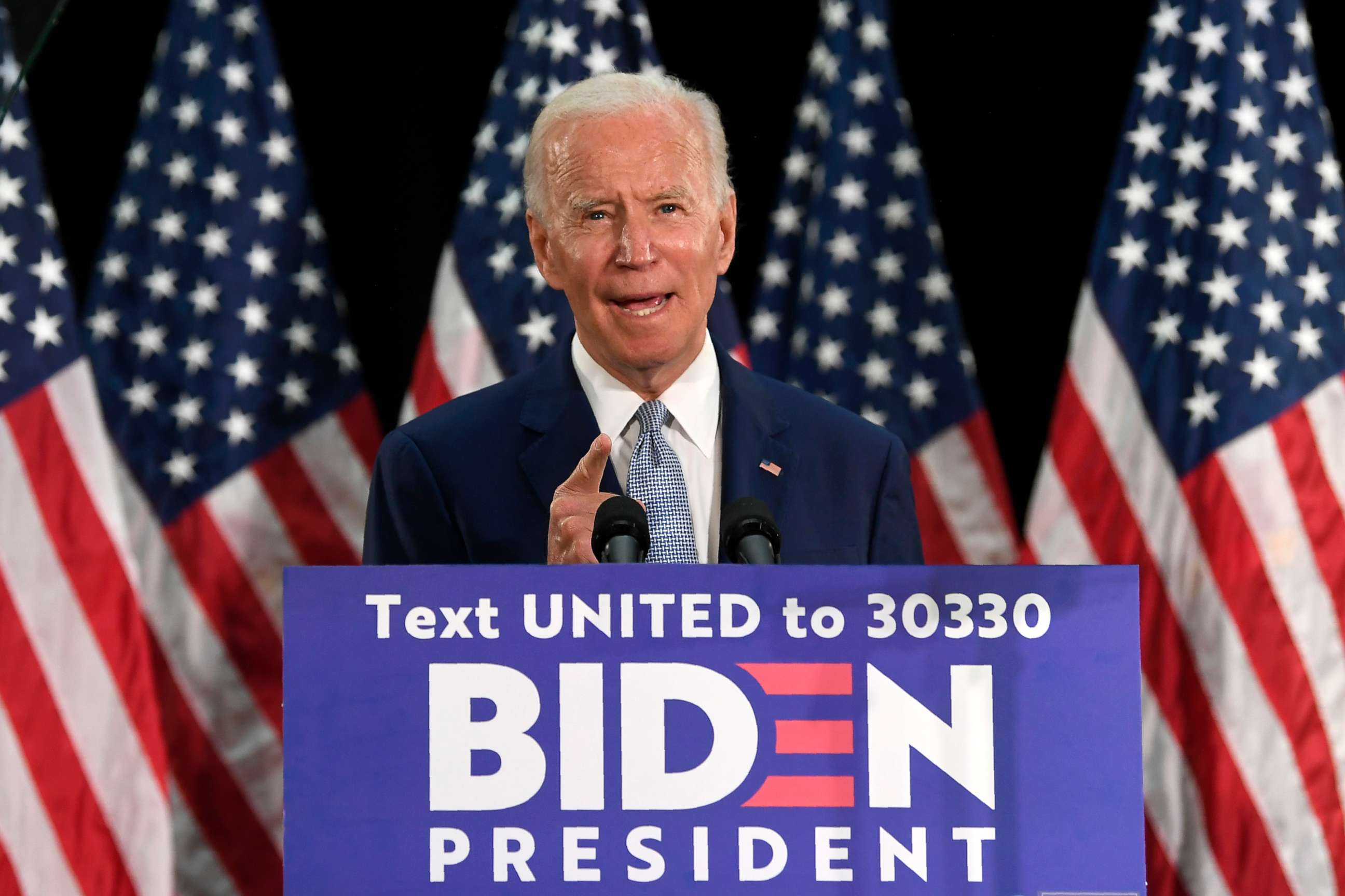PHOTO: Democratic presidential candidate, former Vice President Joe Biden speaks during an event in Dover, Del., Friday, June 5, 2020. 