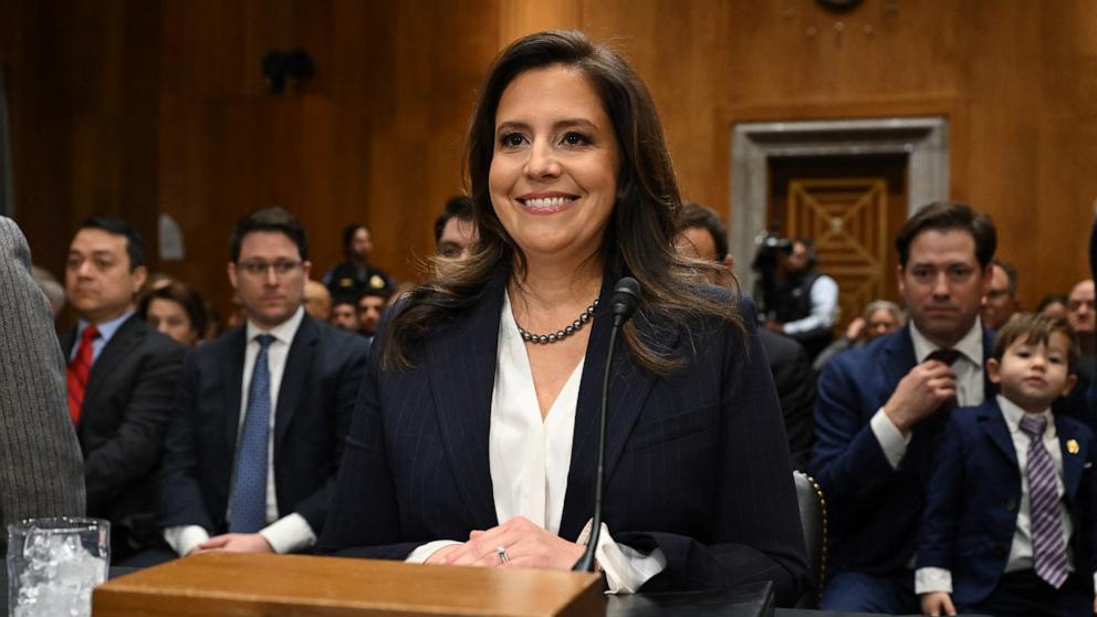 PHOTO: Rep. Elise Stefanik, Republican from New York, takes her seat as she arrives for a Senate Foreign Relations Committee hearing on her nomination to be Ambassador to the United Nations, Capitol Hill in Washington, Jan. 21, 2025.