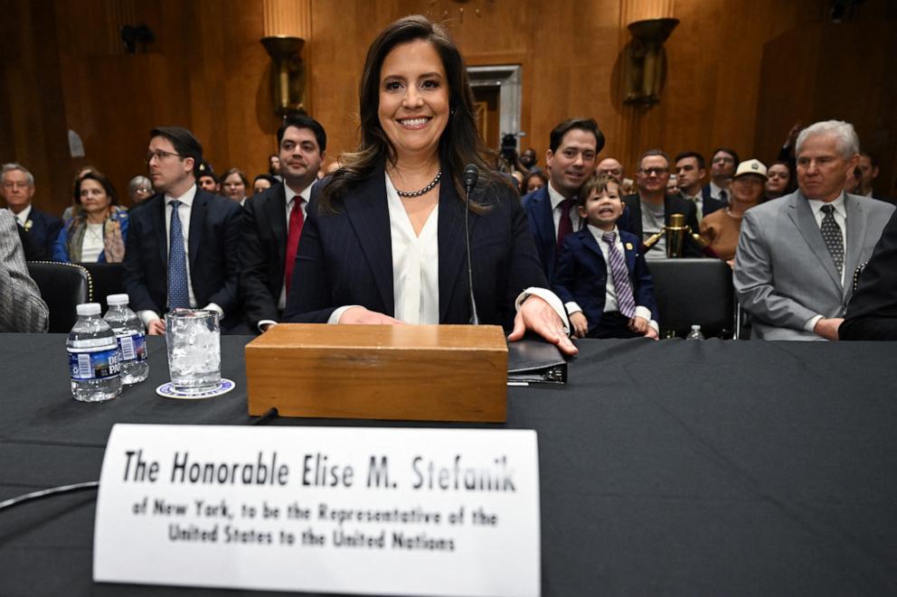 PHOTO: Rep. Elise Stefanik, Republican from New York, takes her seat as she arrives for a Senate Foreign Relations Committee hearing on her nomination to be Ambassador to the United Nations, Capitol Hill in Washington, Jan. 21, 2025.