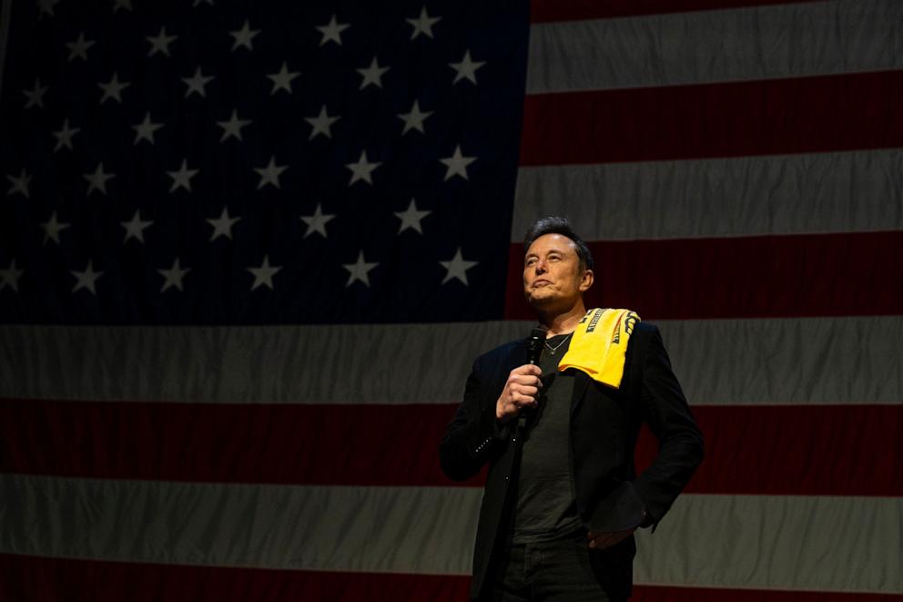PHOTO: SpaceX and Tesla founder Elon Musk speaks at a town hall at the Roxain Theater on Oct. 20, 2024 in Pittsburgh, Pennsylvania.