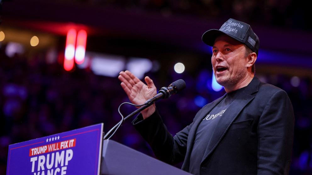 PHOTO: Tesla CEO and X owner Elon Musk speaks during a rally for Republican presidential nominee and former President Donald Trump at Madison Square Garden in New York on Oct. 27, 2024.