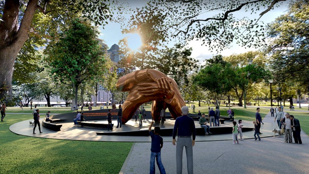 PHOTO: The Embrace, a memorial on the Boston Common, with sculpture by Hank Willis Thomas and plaza design by MASS Design Group. With support from King Boston and The Boston Foundation. 