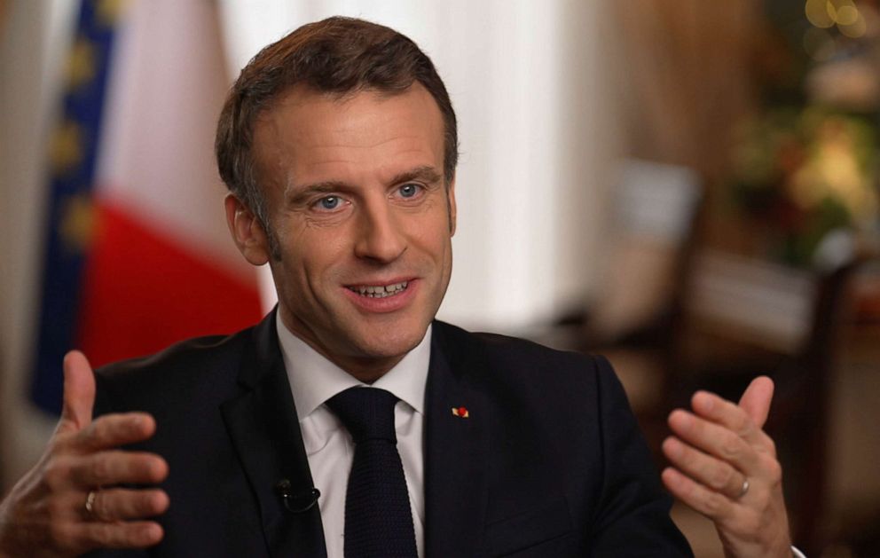 PHOTO: French President Emmanuel Macron speaks with George Stephanopoulos.