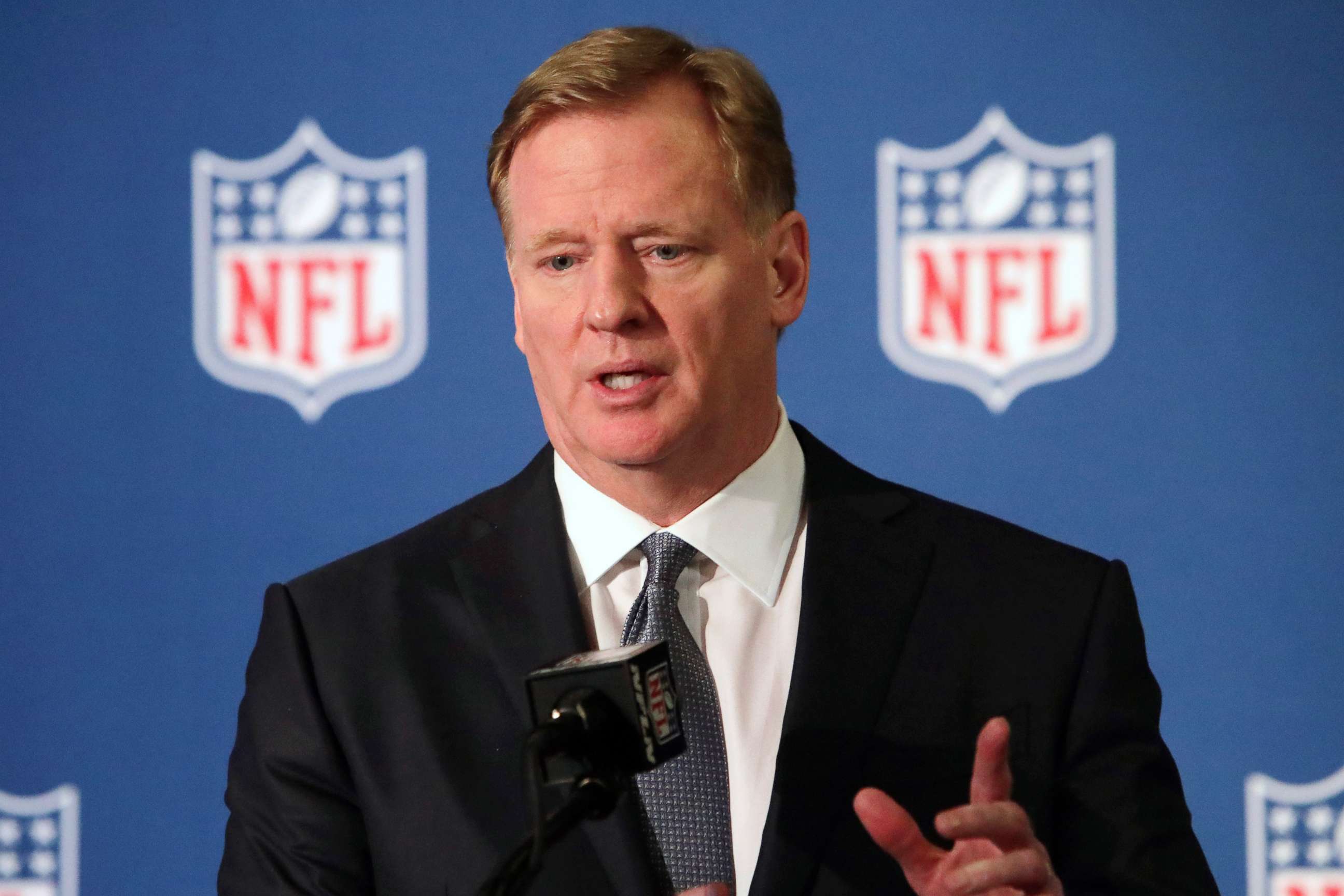 PHOTO: FILE - In this Dec. 12, 2018, file photo, NFL commissioner Roger Goodell speaks during a news conference in Irving, Texas. 