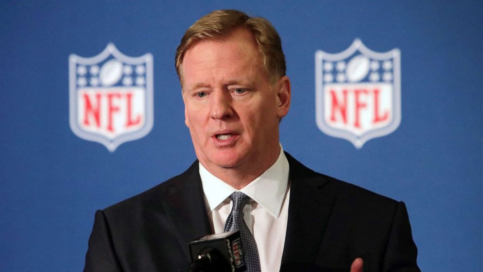 PHOTO: FILE - In this Dec. 12, 2018, file photo, NFL commissioner Roger Goodell speaks during a news conference in Irving, Texas. 