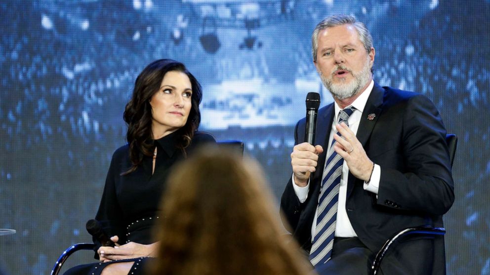 PHOTO: Jerry Falwell Jr., right, answers a student's question accompanied by his wife, Becki, during after a town hall on the opioid crisis at a convocation at Liberty University in Lynchburg, Va., Nov. 28, 2018. 