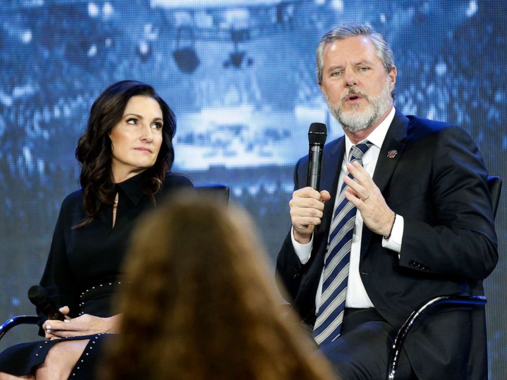 PHOTO: Jerry Falwell Jr., right, answers a student's question accompanied by his wife, Becki, during after a town hall on the opioid crisis at a convocation at Liberty University in Lynchburg, Va., Nov. 28, 2018. 