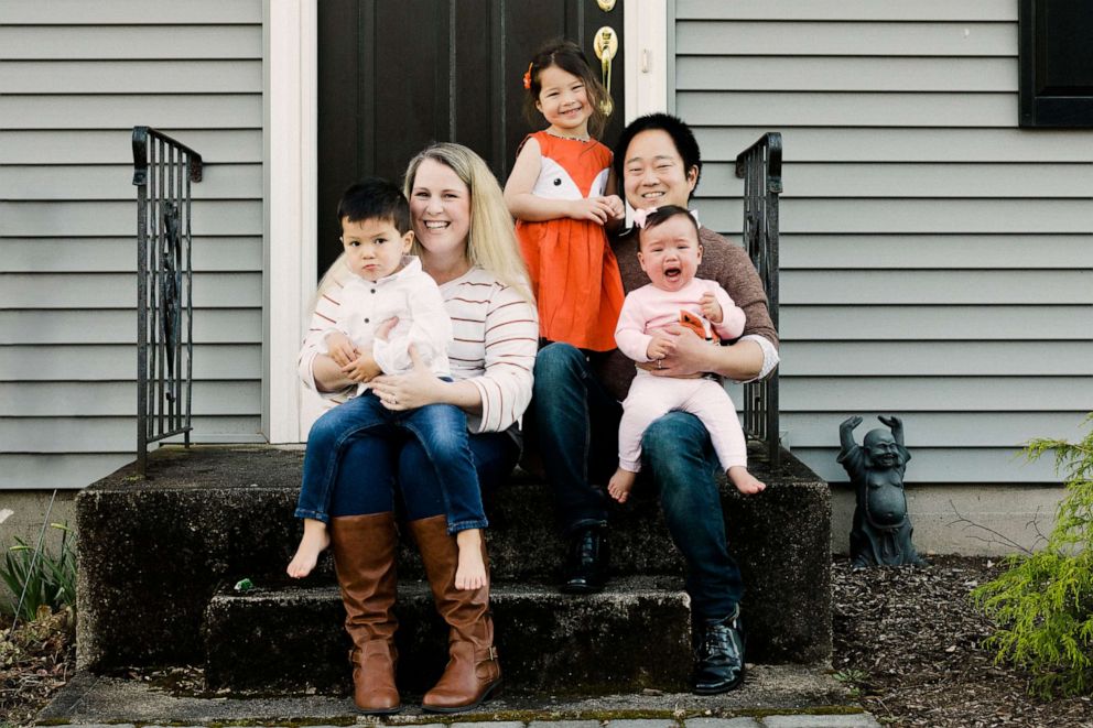 PHOTO: Family poses at their home for #TheFrontStepsProject in Needham, MA.