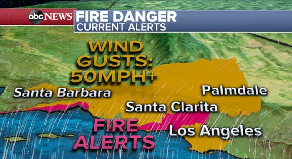 PHOTO: Strong winds locally over 50 mph will be possible in the Los Angeles metro area today. 