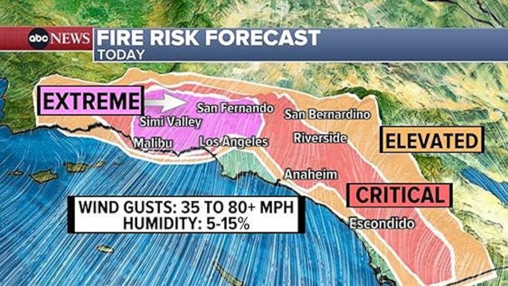 PHOTO: This ABC News forecast graphic shows fire risk warnings in Southern California on Jan. 8, 2025.