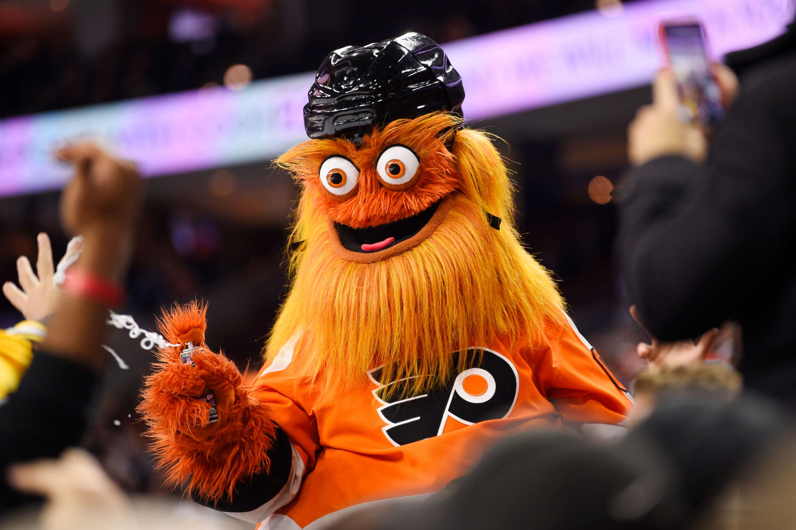 PHOTO: In this Monday, Jan. 13, 2020 file photo, the Philadelphia Flyers' mascot, Gritty, performs during an NHL hockey game in Philadelphia. 