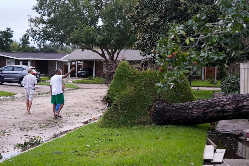 PHOTO: Residents walk past a tree that fell on a house in the aftermath of Hurricane Francine, in Morgan City, La., Sept. 12, 2024.