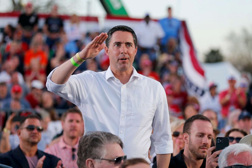 PHOTO: FILE - Ohio Secretary of State Frank LaRose is acknowledged by former President Donald Trump at a rally at the Delaware County Fairgrounds, Saturday, April 23, 2022, in Delaware, Ohio, ahead of the Ohio primary on May 3.  