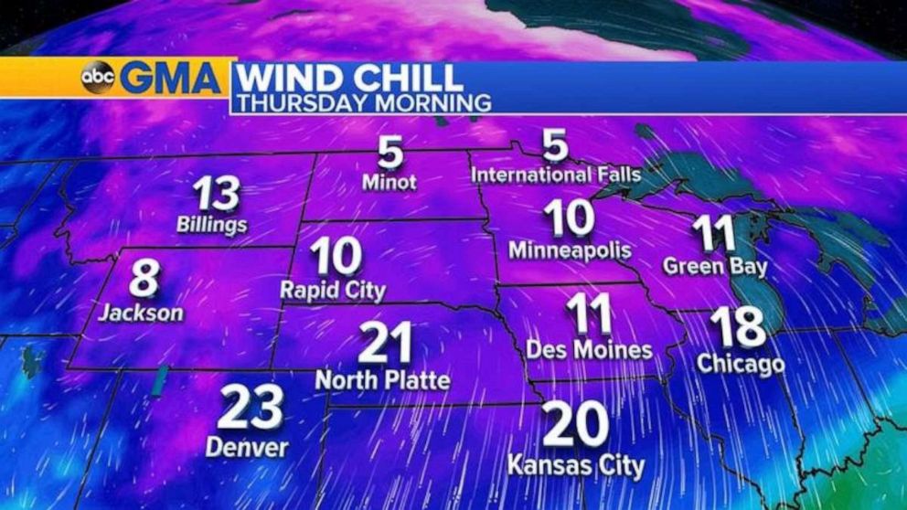 PHOTO: By Friday morning and especially Saturday morning, the coldest air will move East and from Georgia to Maine wind chills will be in the teens and 20s.