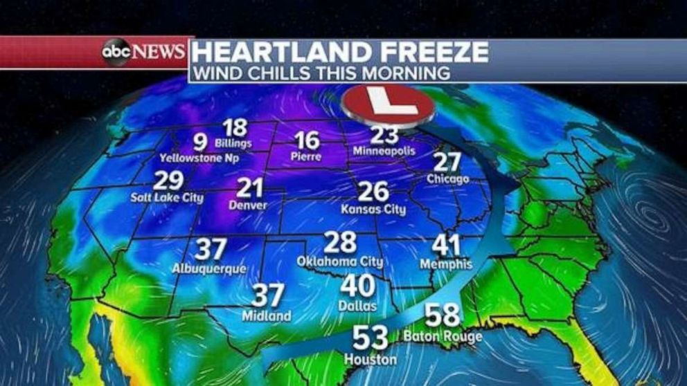PHOTO: Many Americans from the Rockies to the Gulf are waking up to the coldest air of the season Saturday morning.