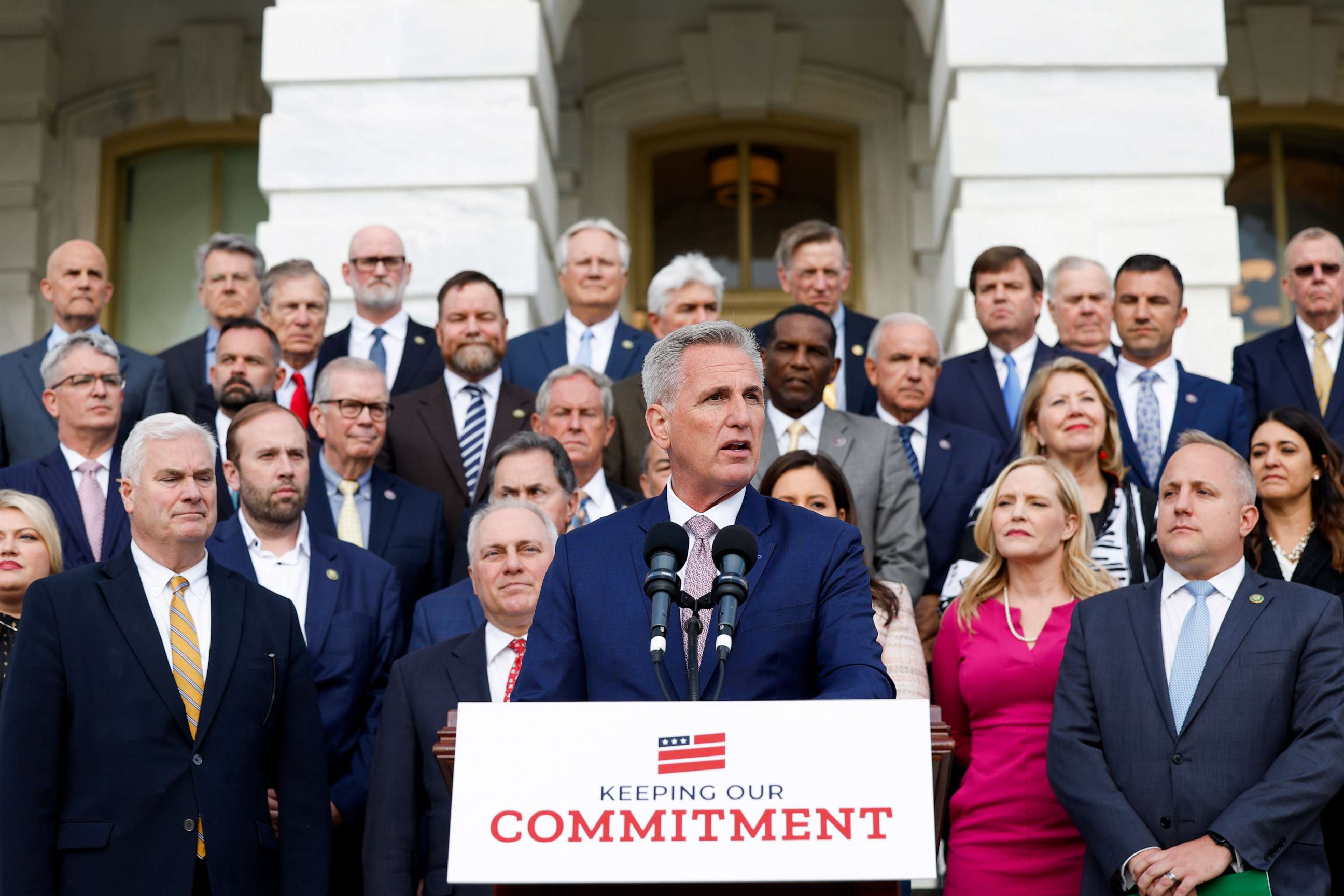 PHOTO: U.S. House Speaker Kevin McCarthy speaks at an event celebrating 100 days of House Republican rule at the Capitol Building April 17, 2023, in Washington, D.C.