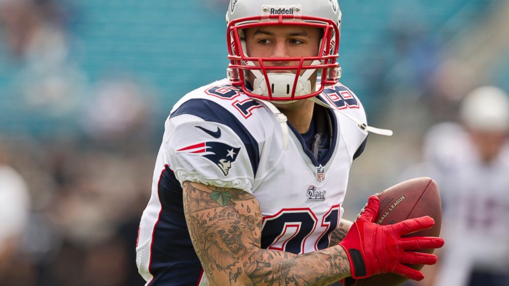 PHOTO: New England Patriots player Aaron Hernandez makes a catch during warm up before they play the Jacksonville Jaguars at EverBank Field, on Dec. 23, 2012. 