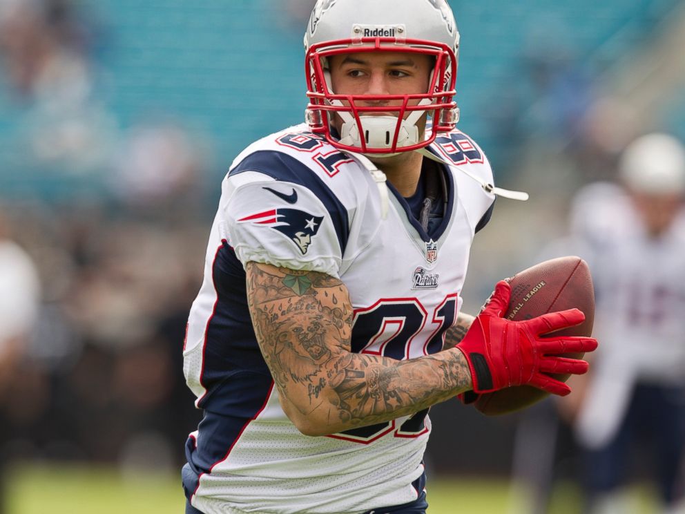 PHOTO: New England Patriots player Aaron Hernandez makes a catch during warm up before they play the Jacksonville Jaguars at EverBank Field, on Dec. 23, 2012. 